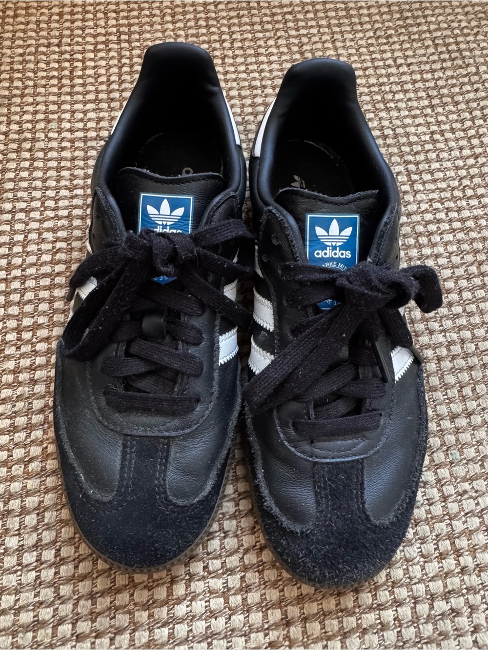 adidas Black Sneakers with White Stripes size women’s 6.